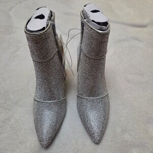 Sparkle Rhinestone Pointed Toe Block Heel Ankle Boots Women's Size 8 Silver